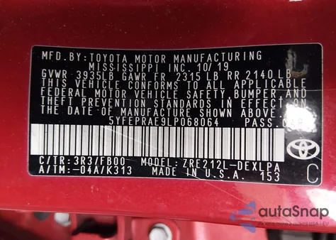 2020 Toyota Corolla Le from USA, damaged, VIN 5YFEPRAE9LP068064